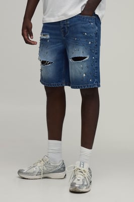 Relaxed Rhinestone Embellished Ripped Denim Shorts