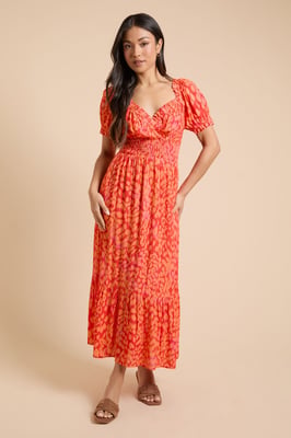 Petite Animal Shirred Waist Tiered Hem Midi Dress
