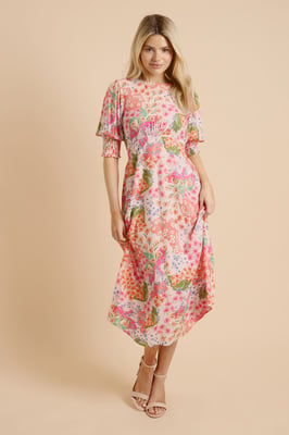 Patchwork Floral Shirred Cuff Midi Dress