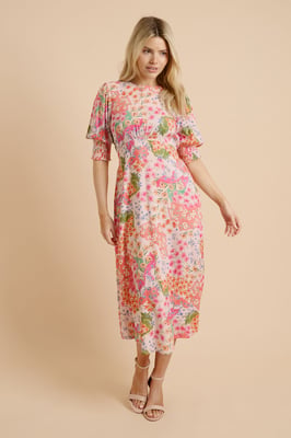 Patchwork Floral Shirred Cuff Midi Dress