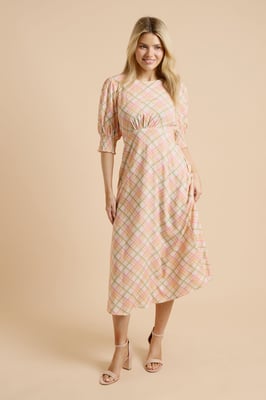 Cream Check Shirred Cuff Midi Dress