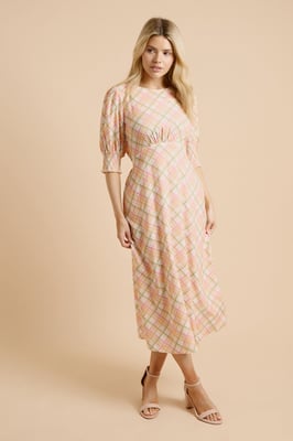 Cream Check Shirred Cuff Midi Dress