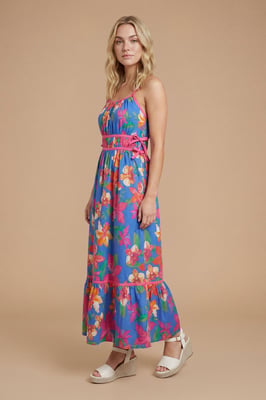 Blue Floral Contrast Binding Tie Side Printed Poplin Midi Dress