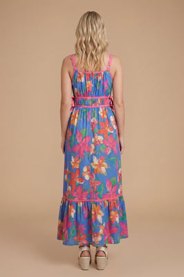 Blue Floral Contrast Binding Tie Side Printed Poplin Midi Dress
