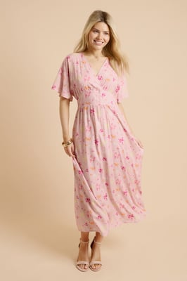 Pink Ditsy Cape Sleeve Plunge V Neck Maxi Dress