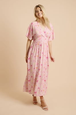 Pink Ditsy Cape Sleeve Plunge V Neck Maxi Dress
