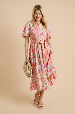 Patchwork Floral Belted Puff Sleeve Shirt Dress