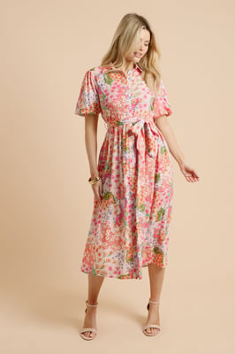 Patchwork Floral Belted Puff Sleeve Shirt Dress