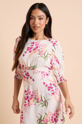 Petite Cream Floral Shirred Cuff Midi Dress
