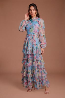 Printed Tiered Ruffle Mesh Maxi Dress