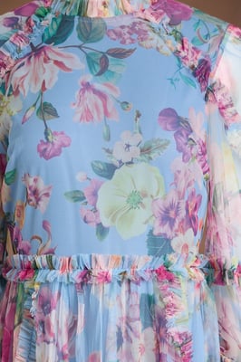 Printed Tiered Ruffle Mesh Maxi Dress