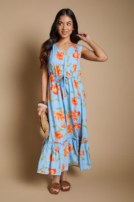 Petite Floral Sleeveless Drawstring Waist Tiered Maxi Dress
