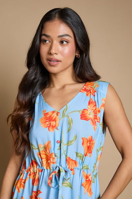 Petite Floral Sleeveless Drawstring Waist Tiered Maxi Dress