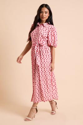 Petite Pink Spot Petite Belted Puff Sleeve Shirt Dress
