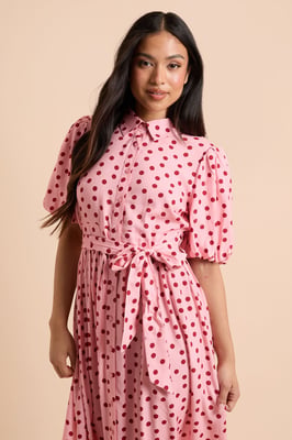 Petite Pink Spot Petite Belted Puff Sleeve Shirt Dress