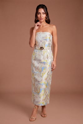Jacquard Belted Bandeau Pencil Dress