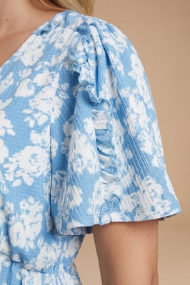 Blue Floral Frill Detail Angel Sleeve Mini Dress