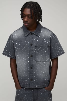 Washed Rhinestone Boxy Oversized Revere Denim Shirt