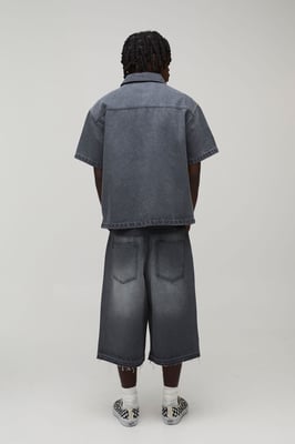 Washed Rhinestone Boxy Oversized Revere Denim Shirt