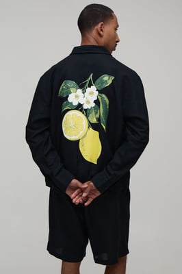 Lemon Back Print Oversized Linen Blend Shirt & Short Set