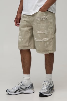 Ripped Carpenter Paint Splatter Relaxed Fit Denim Shorts