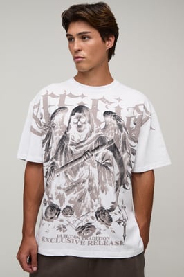 White Oversized Gothic Over The Seams Print T-Shirt
