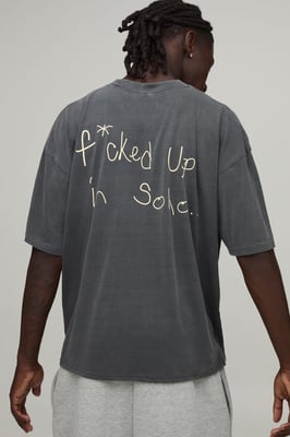 Washed Charcoal Oversized Boxy Soho Slogan Print T-Shirt