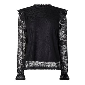 Pieces Damesblouse met hoge hals en kanten versiering, normale pasvorm (Zwart)
