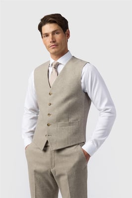 Single Breasted Sleeveless Five Button V-neck Plain Tailored Suit Waistcoat in Stone