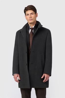 Single Breasted Long Sleeve Five Button Funnel Overcoat in Charcoal