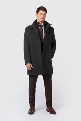 Single Breasted Long Sleeve Five Button Funnel Overcoat in Charcoal