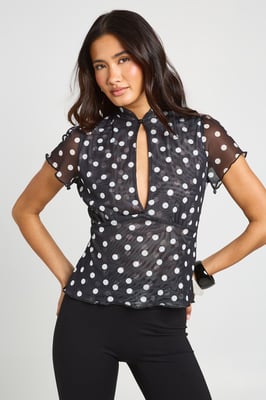 Polka Dot Mesh High Neck Keyhole Top