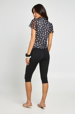 Polka Dot Mesh High Neck Keyhole Top