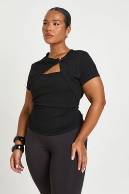 Plus Rib Gold Trim Detail Cut Out Short Sleeve Top