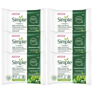 Simple Age-Resisting Cleansing Wipes Green Tea 20 Wipes, Pack of 6 for Sensitive Skin
