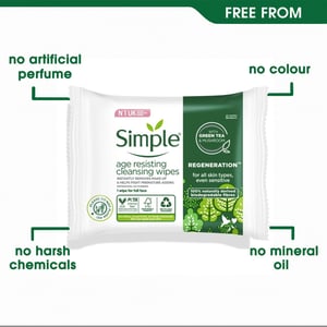 Simple Age-Resisting Cleansing Wipes Green Tea 20 Wipes, Pack of 6 for Sensitive Skin