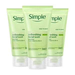 Simple Kind to Skin Soap Free Refreshing Facial Gel Wash, 3 x 50ml