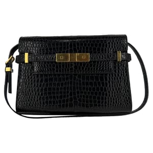 Saint Laurent Croc Embossed Manhattan Shoulder Bag in Black Leather