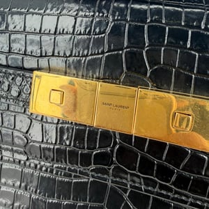 Saint Laurent Croc Embossed Manhattan Shoulder Bag in Black Leather