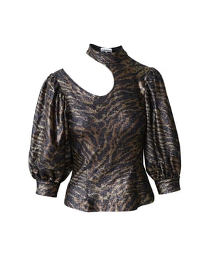 Ganni Tiger Print Puff Sleeve Lurex Stickad Topp i Flerfärgad Polyester