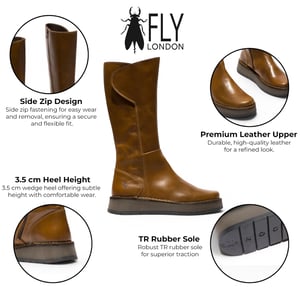 Fly London Dames Tan Leren High Pull On lange laarzen - RHEA042