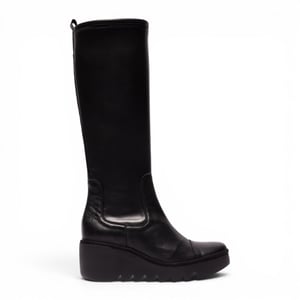 Fly London Dames Zwarte Leren Hoge Wighak Lange Laarzen - BUDI603