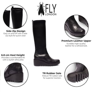 Fly London Dames Zwarte Leren Hoge Wighak Lange Laarzen - BUDI603