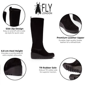 Fly London Dames Zwarte Suède Leren Hoge Wighak Lange Laarzen - BUDI603