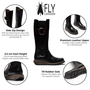 Fly London Dames Zwarte Leren Kniehoge Lange Laarzen - SOIF361