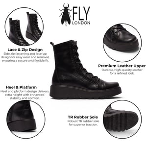 Fly London dames zwarte leren veterschoenen met wedge-hiel gevechtslaarzen - TERY554