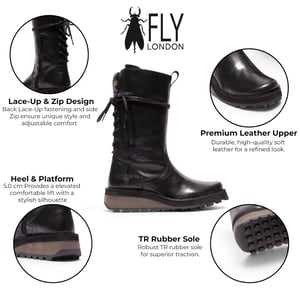 Fly London dames zwarte leren lange laarzen tot midden op de kuit - HEIG229