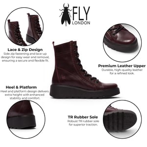 Fly London Dames Wijn Leren Veterhout Wighak Gevechtslaarzen - TERY554