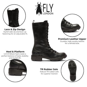 Fly London Women's Black Leather Strike-Up Combat Ankle Boots - NOLE176
