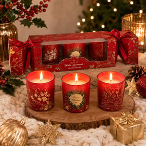 WDMT Set van 3 kerst geurkaarsen – geurkaarsen in rood bedrukt glas – luxe